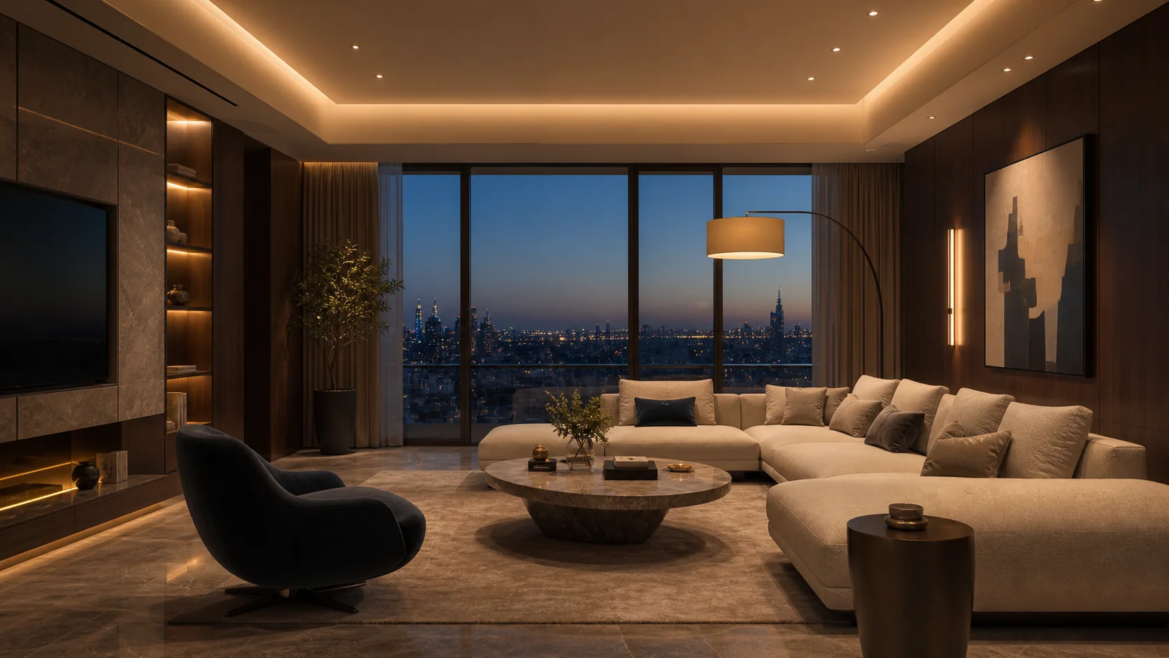 Premium living hall in Welcome lighting mode